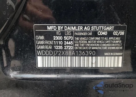 2008 Mercedes-Benz Cls 550 z USA, uszkodzony, nr VIN WDDDJ72X88A136390